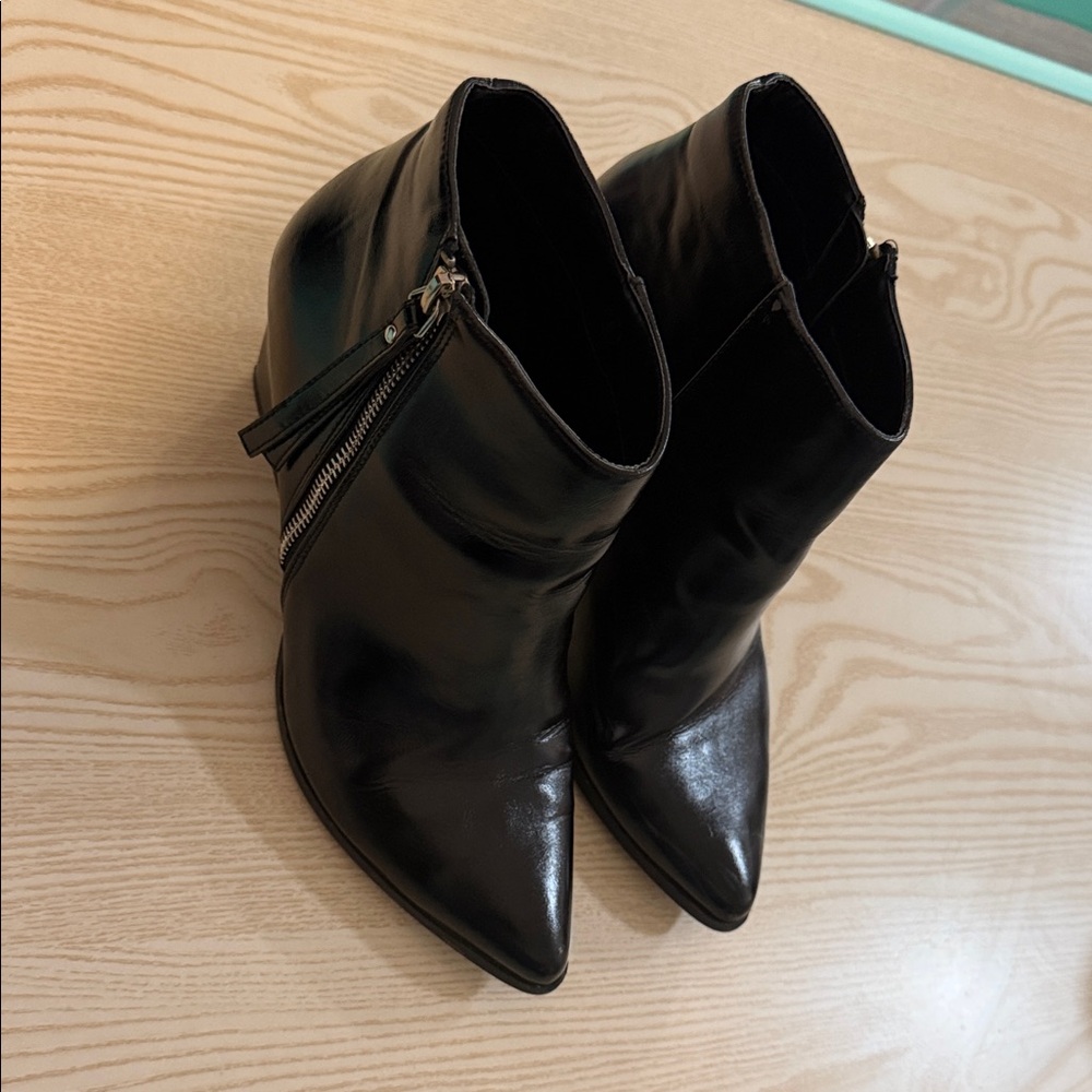 Pointed Black Leather Ankle Booties with Side Zipper